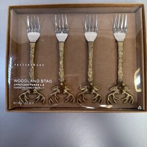 POTTERY BARN WOODLAND STAG APPETIZER FORKS SET OF 4 NEW